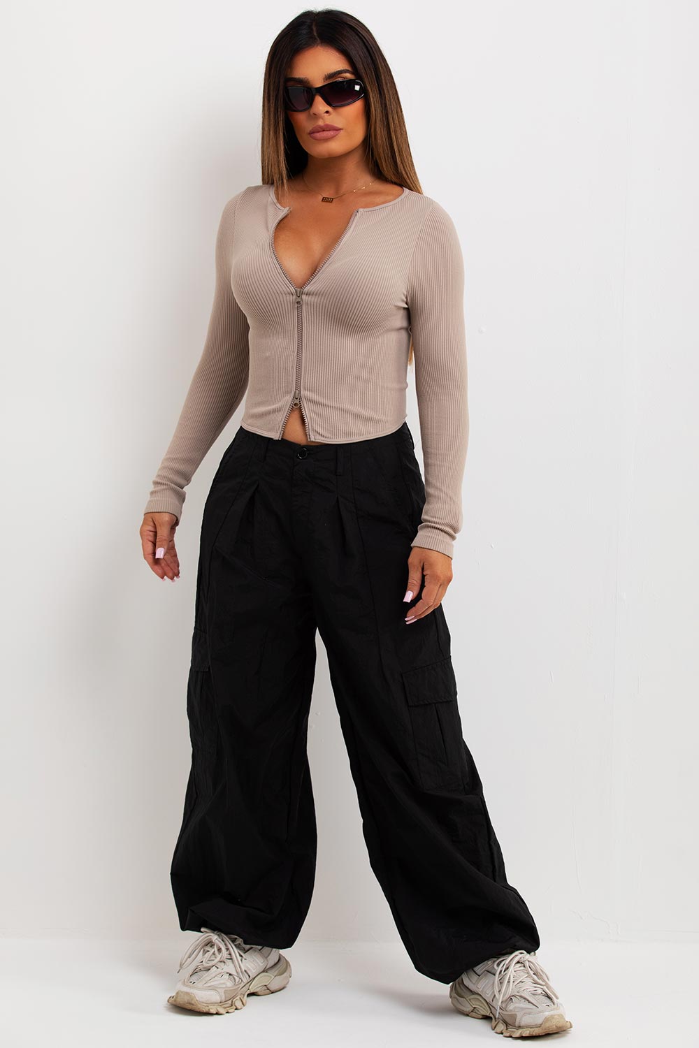 long sleeve rib contour double zip dip hem top pretty little things tops sale