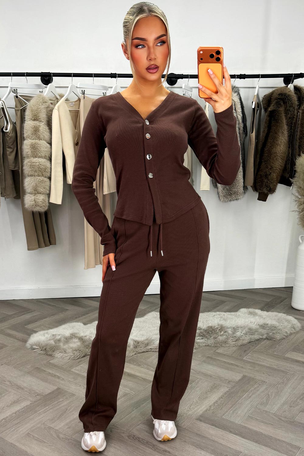 womens brown long sleeve top and wide leg trouser co ord two piece lounge set outfit styledup