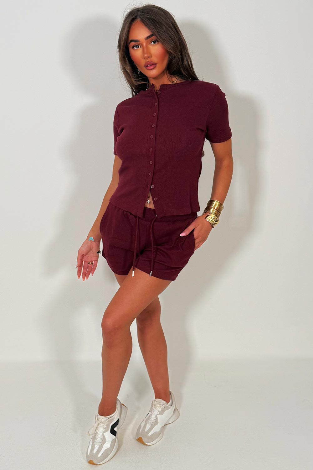 ribbed button up top and shorts lounge set styledup womens airport summer holiday outfit