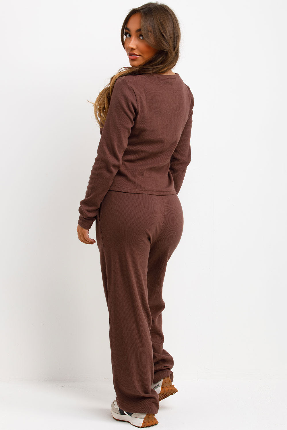 button up long sleeve top and trousers loungewear co ord set molly mae airport outfit
