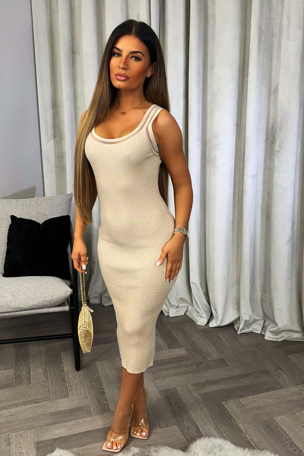 womens beige ribbed midi dress going out outfit christmas dress