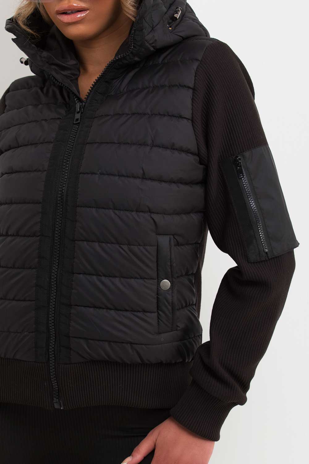 womens puffer jacket with ribbed sleeves prada inspired