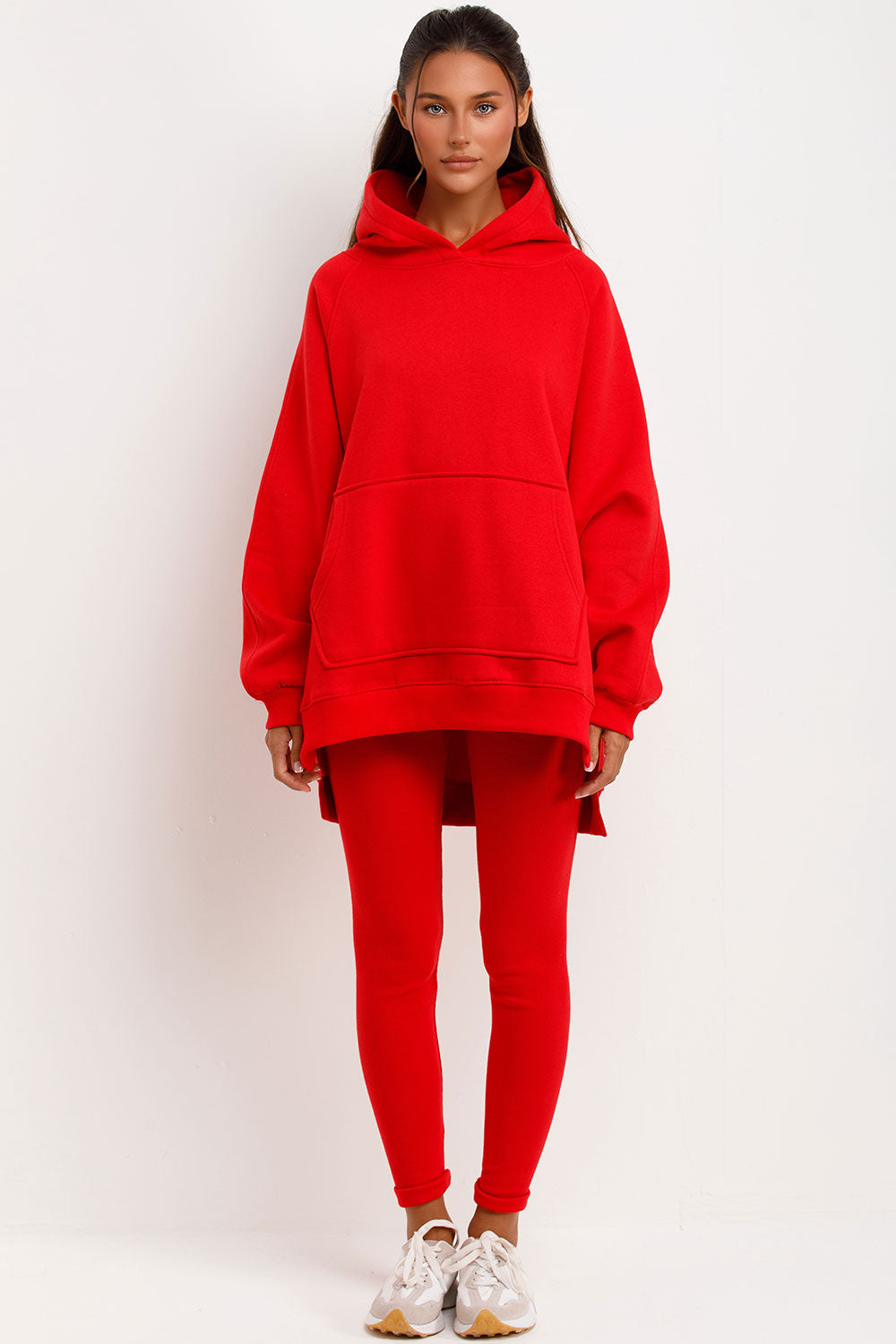 red hoodie and ribbed leggings tracksuit set