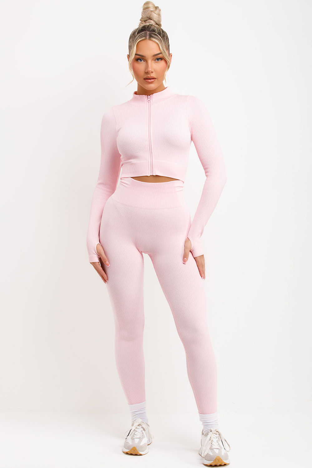 zip up long sleeve ribbed top and ruched bum leggings two piece set baby pink