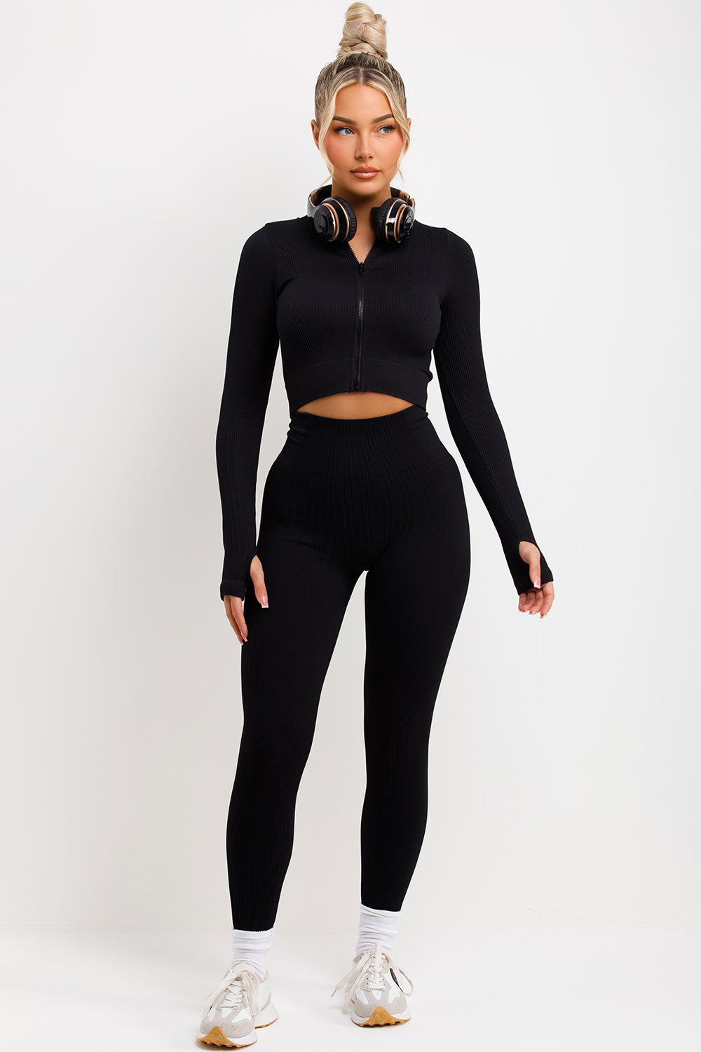 zip up long sleeve ribbed top and ruched bum leggings two piece set black