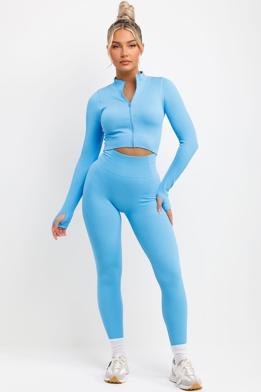 zip up ribbed long sleeve activewear jacket and ruched bum leggings two piece set