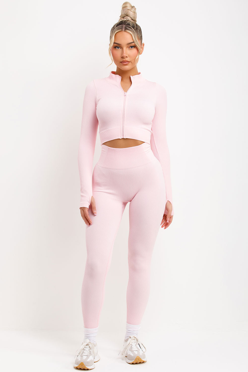 womens high waist ribbed ruched bum leggings and zip up long sleeve activewear jacket two piece set structured body contour