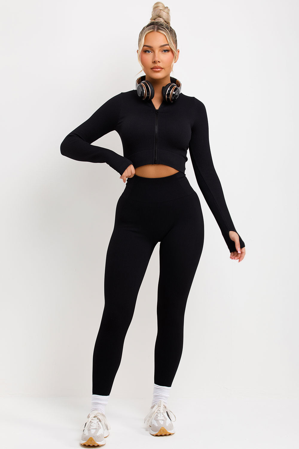 womens high waist ribbed ruched bum leggings and zip up long sleeve activewear jacket two piece set structured body contour