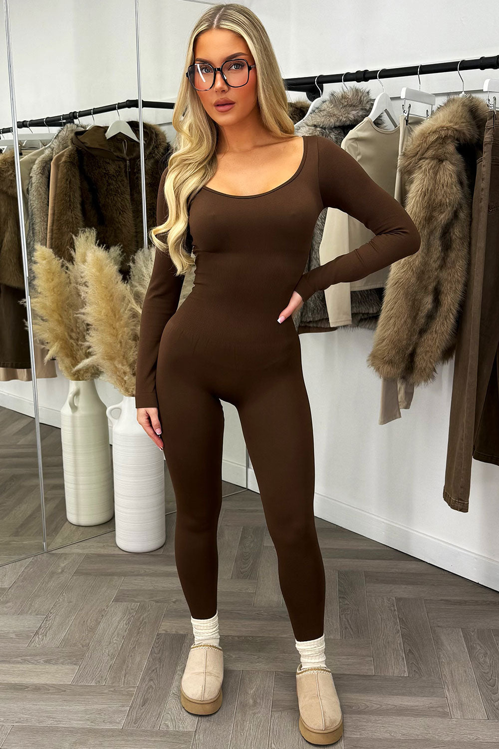 bum lifting long sleeve jumpsuit with thumb holes structured contour four way stretch premium unitard romper