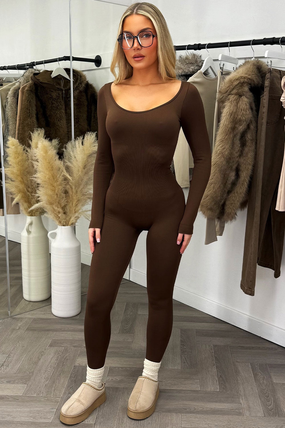 womens long sleeve jumpsuit with thumb holes sculpt bum lifting unitard brown styled up