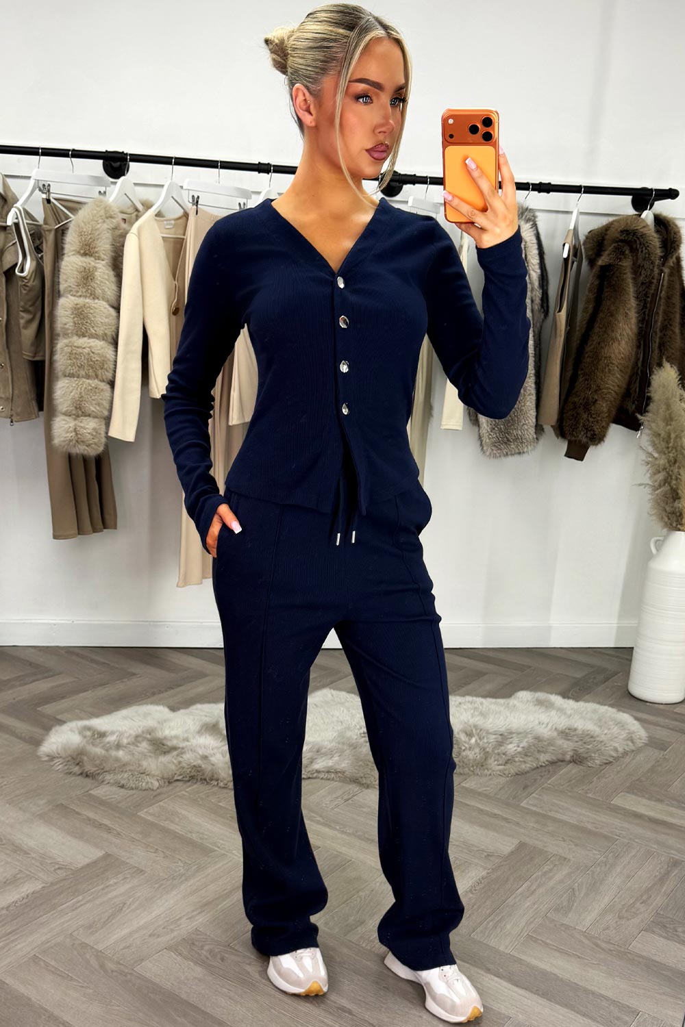 long sleeve top and wide leg trousers two piece co ord set navy styledup