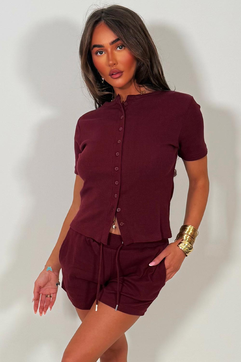 button up ribbed top and shorts two piece tracksuit set molly mae set