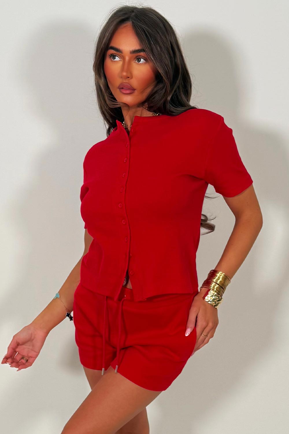 womens button up ribbed top and shorts two piece tracksuit set molly mae set