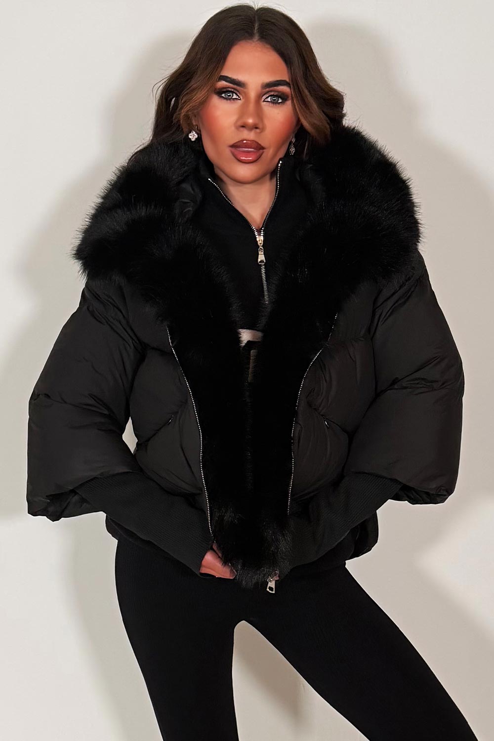 womens fur hood puffer padded winter jacket with fur trim on the front styledup