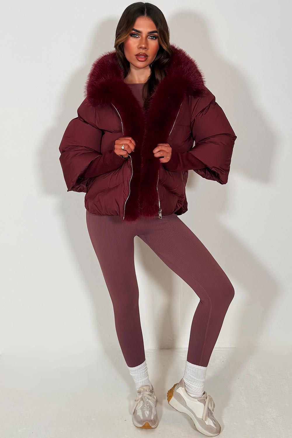 womens fur hood puffer padded winter jacket with fur trim on the front styledup