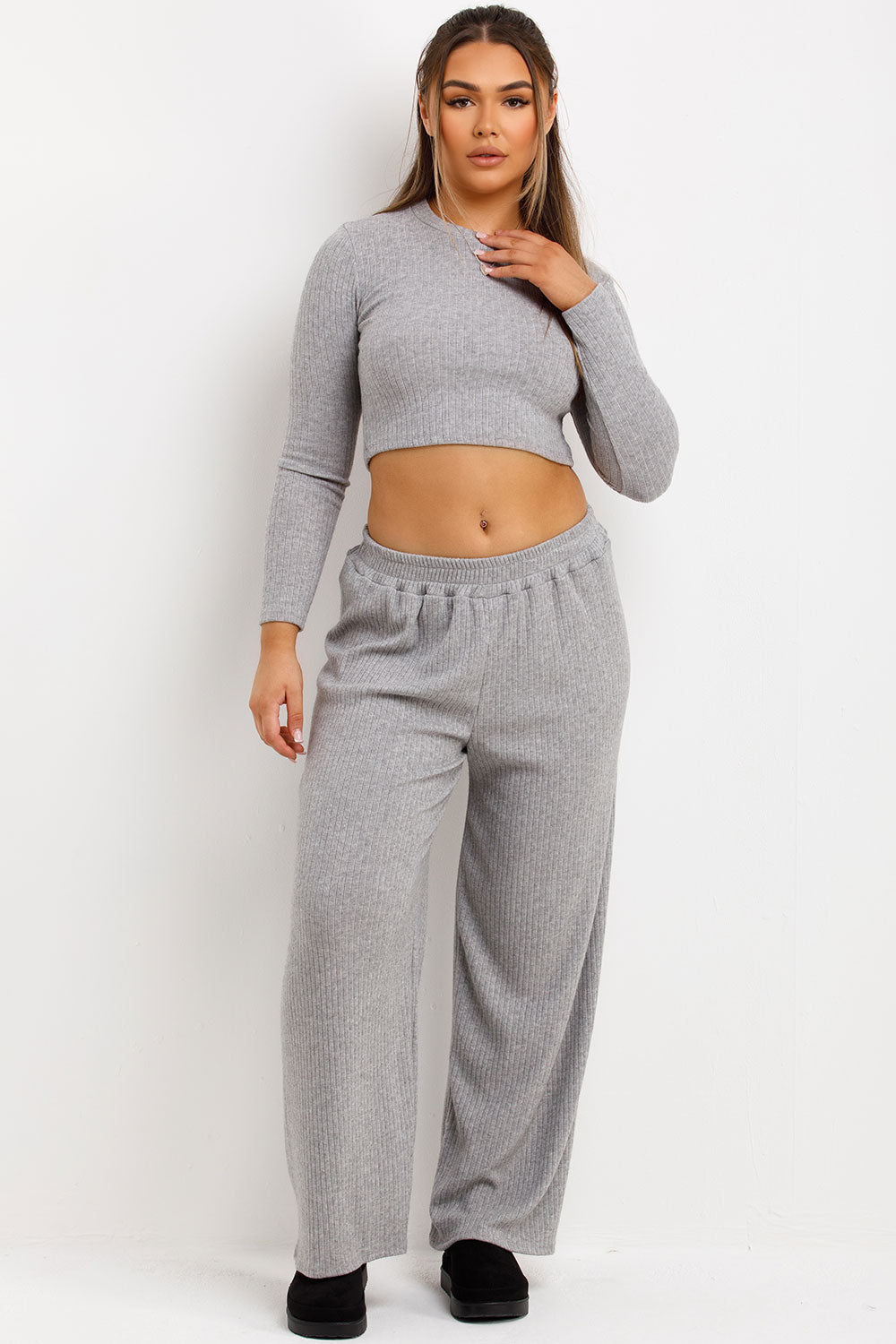 womens zara rib long sleeve top and wide leg trousers loungewear set
