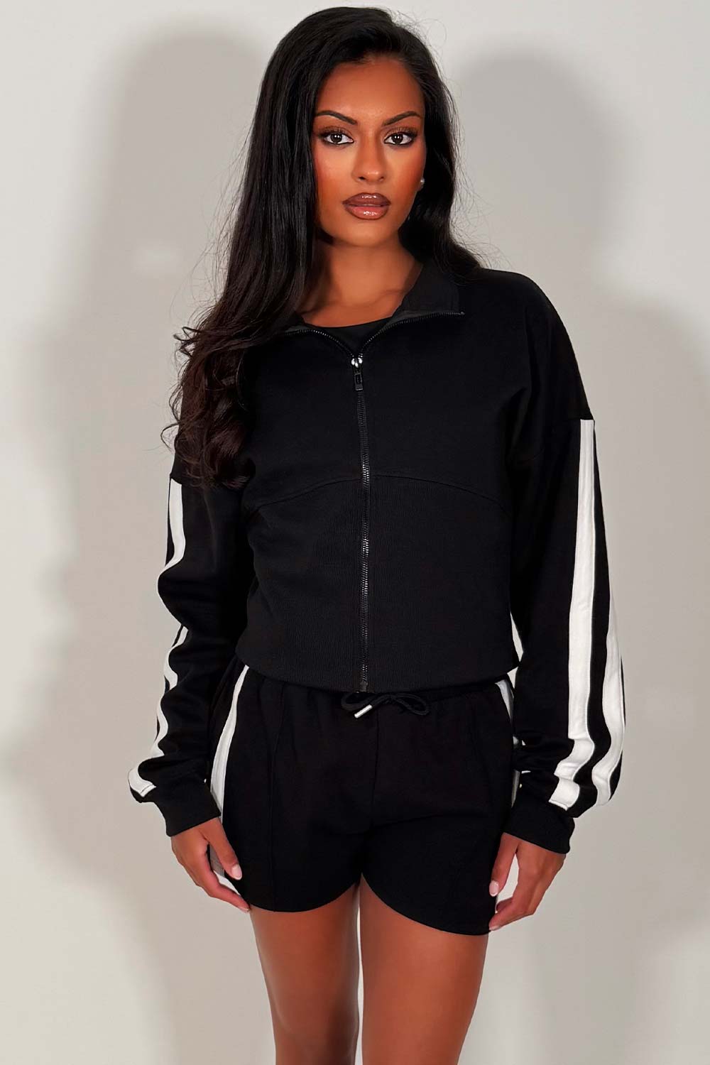 womens zip up sweatshirt and shorts two piece airport outfit styledup whitefox uk