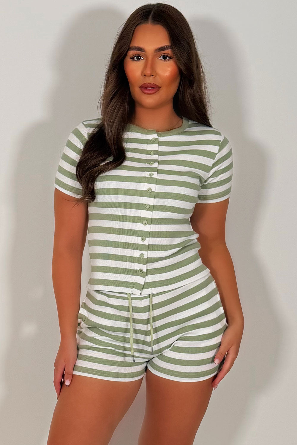 molly mae button up short sleeve striped top and shorts two piece set styledup summer holiday outfit uk styledup
