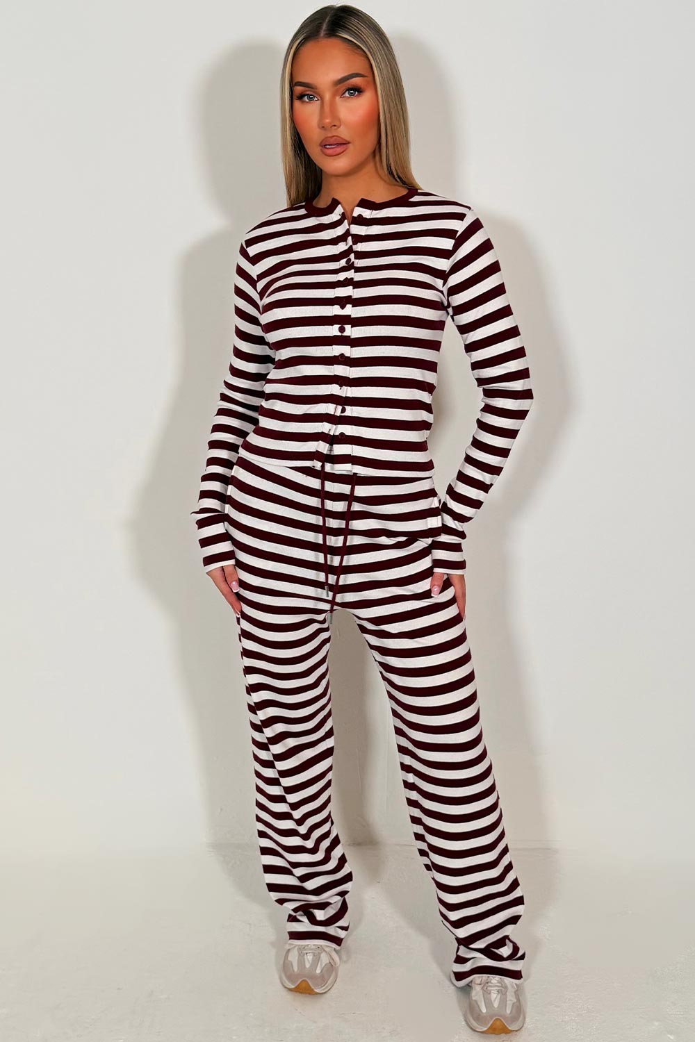 womens burgundy contrast striped long sleeve top and wide leg trouser lounge set co ord styledup