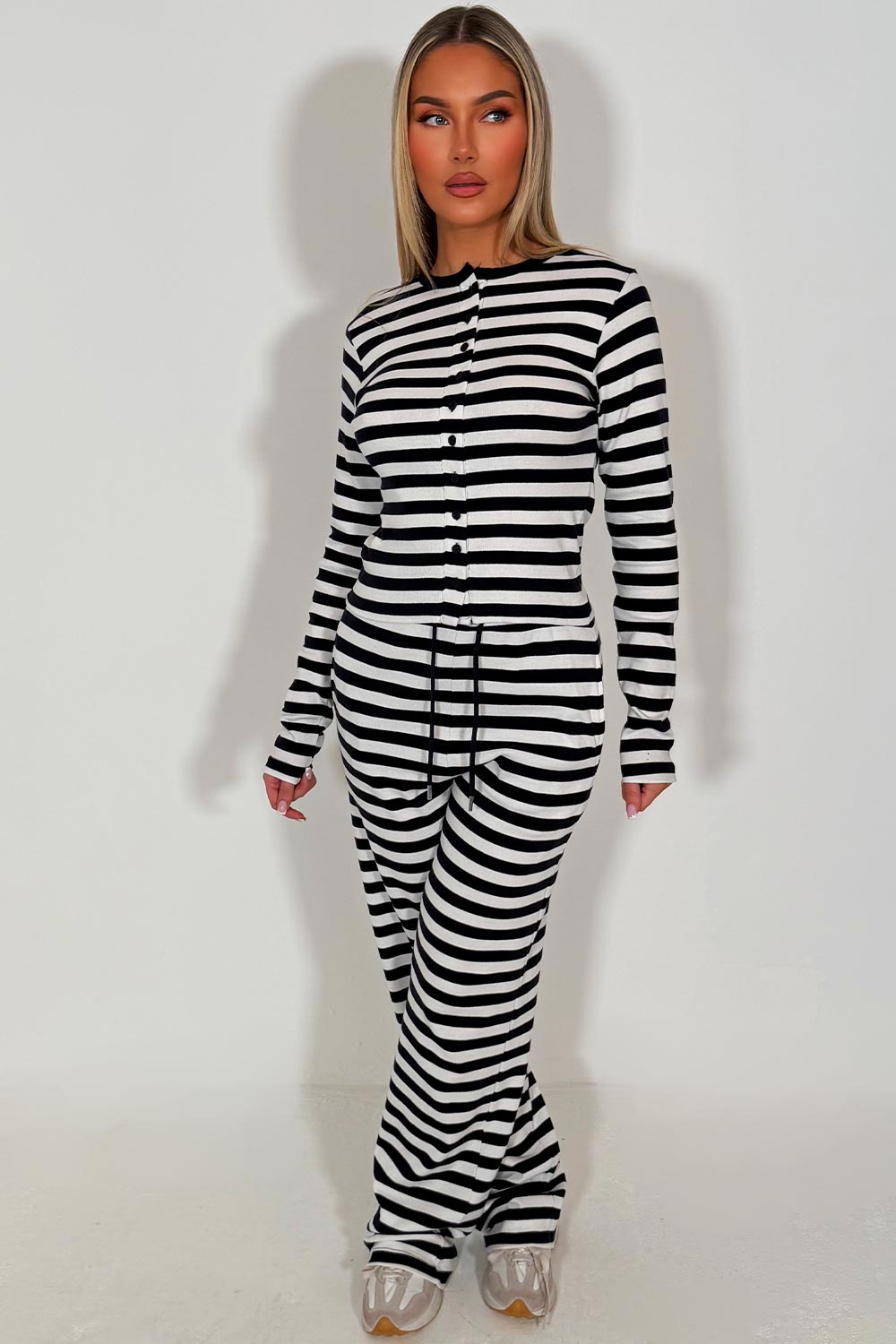womens navy striped lounge set long sleeve button up top and wide leg trouser co ord set styledup