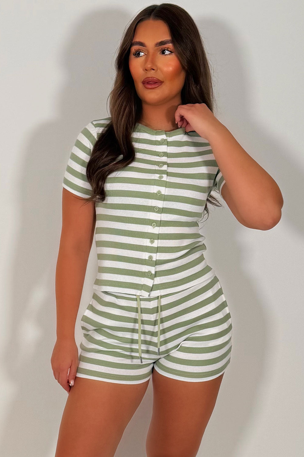 ribbed button up top and shorts summer lounge set styledup womens airport summer holiday outfit uk