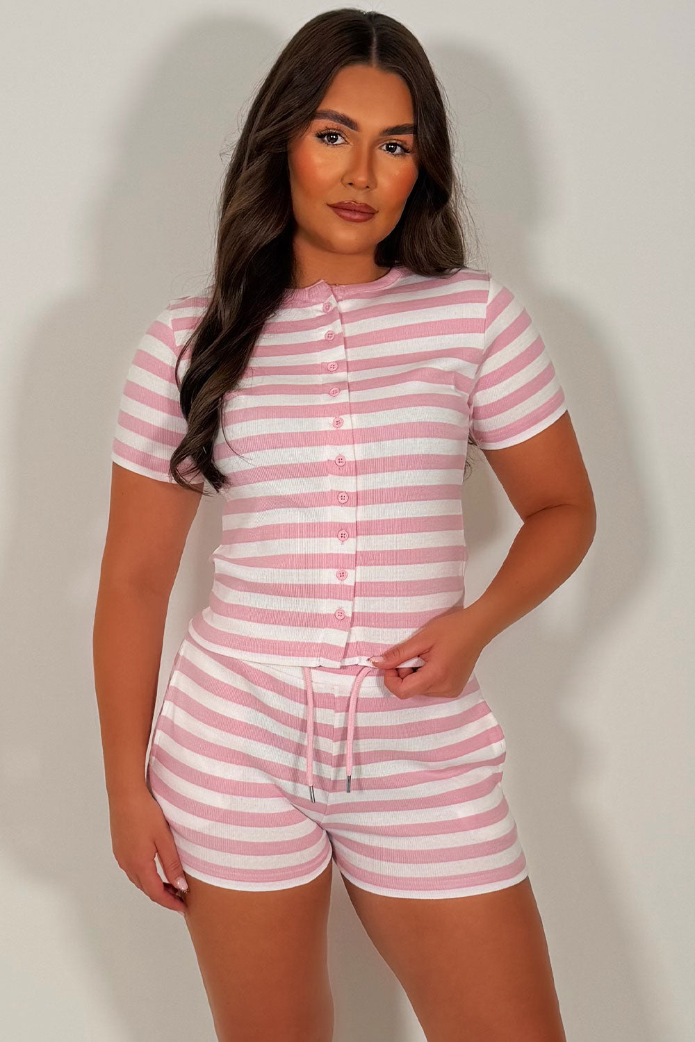 ribbed button up top and shorts summer lounge set styledup womens airport summer holiday outfit uk