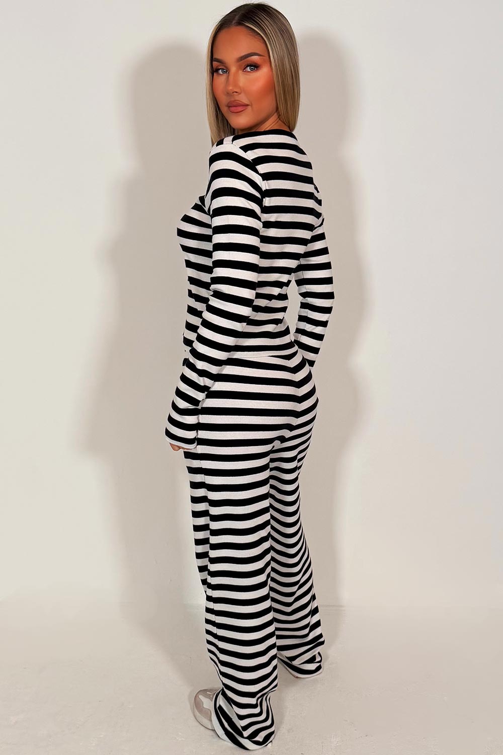 striped wide leg trouser and long sleeve button up top co ord lounge set for womens styledup