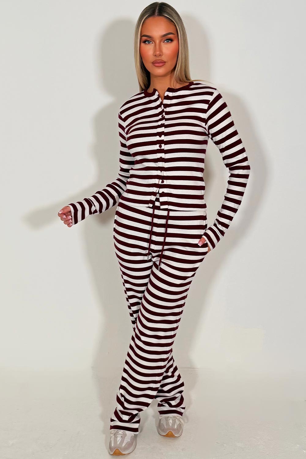 striped wide leg trouser and long sleeve button up top co ord lounge set for womens styledup