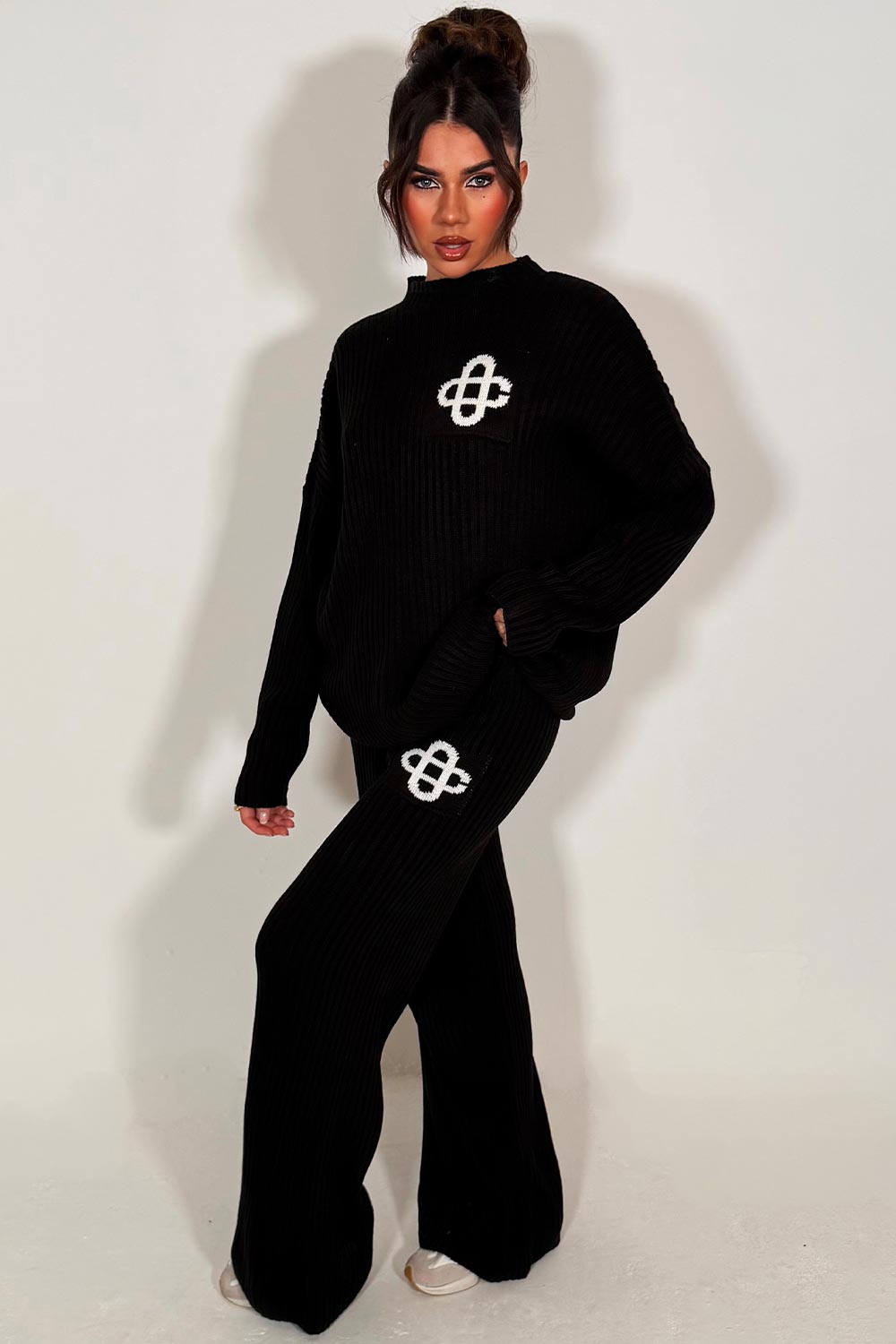 black oversized rib knitted lounge set couture club womens uk
