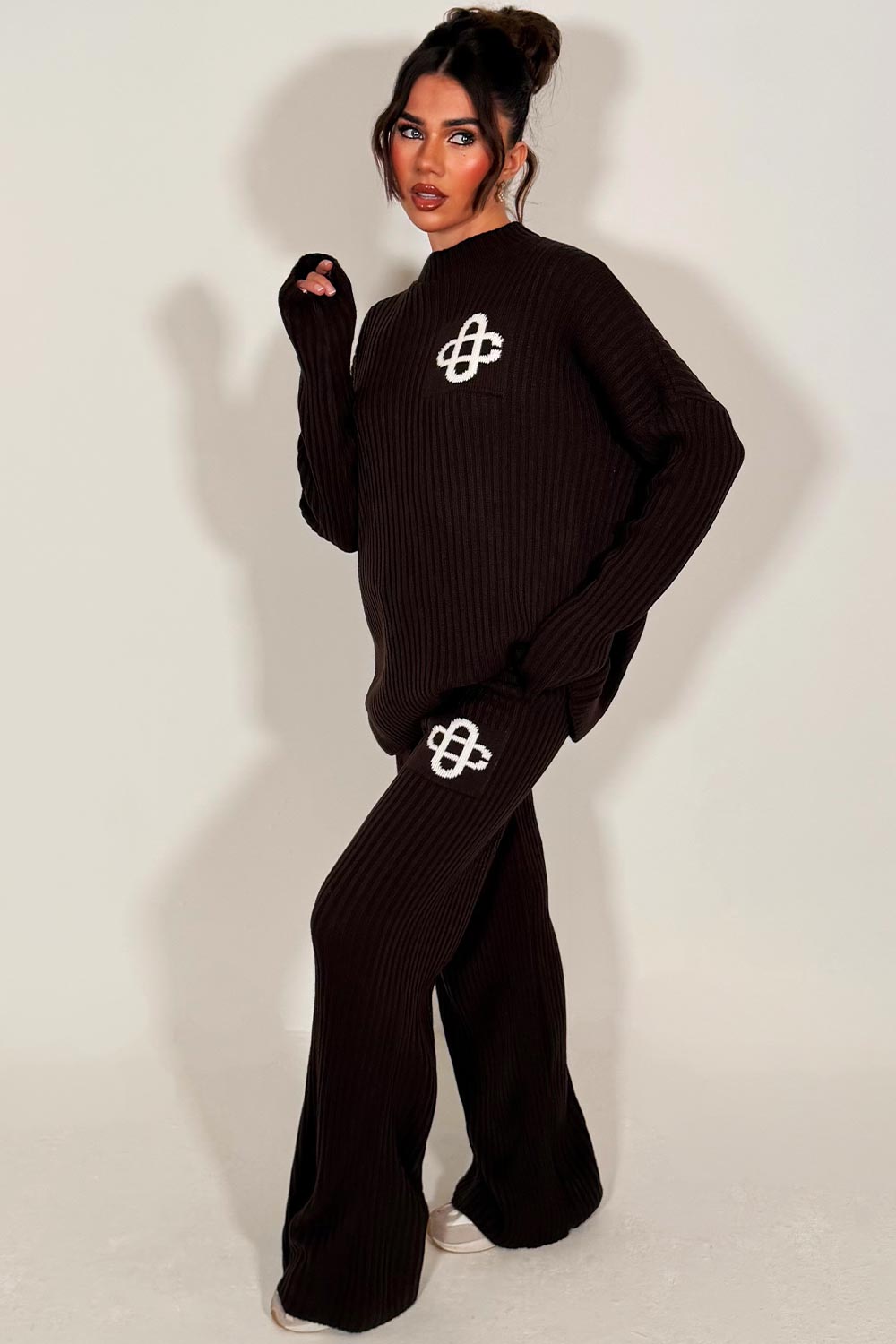 womens knitted loungewear set couture club contrast emblem co ord