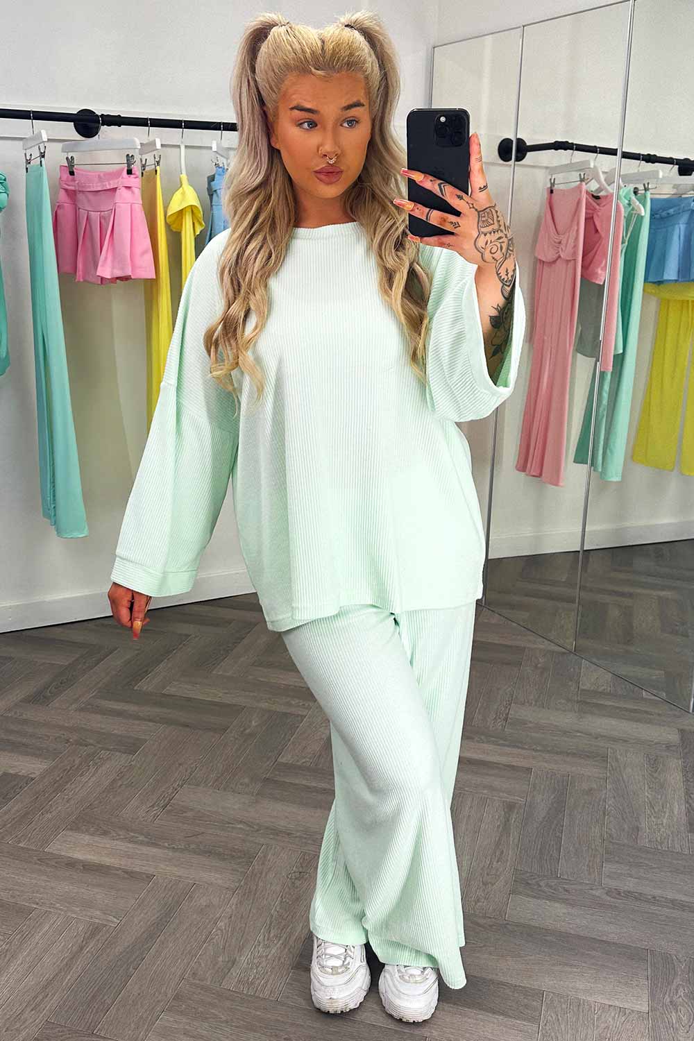 long sleeve rib oversized top and wide leg trousers co ord set