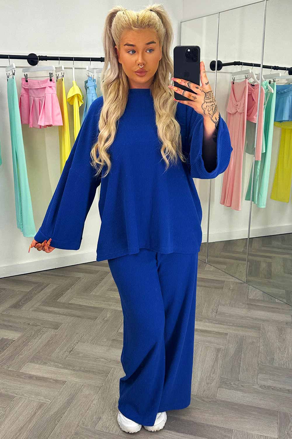 ribbed drop shoulder oversized top and wide leg trousers two piece lounge set casual outfit summer