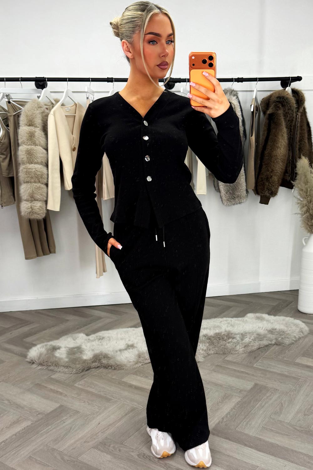 long sleeve top and wide leg trousers two piece co ord set black styledup