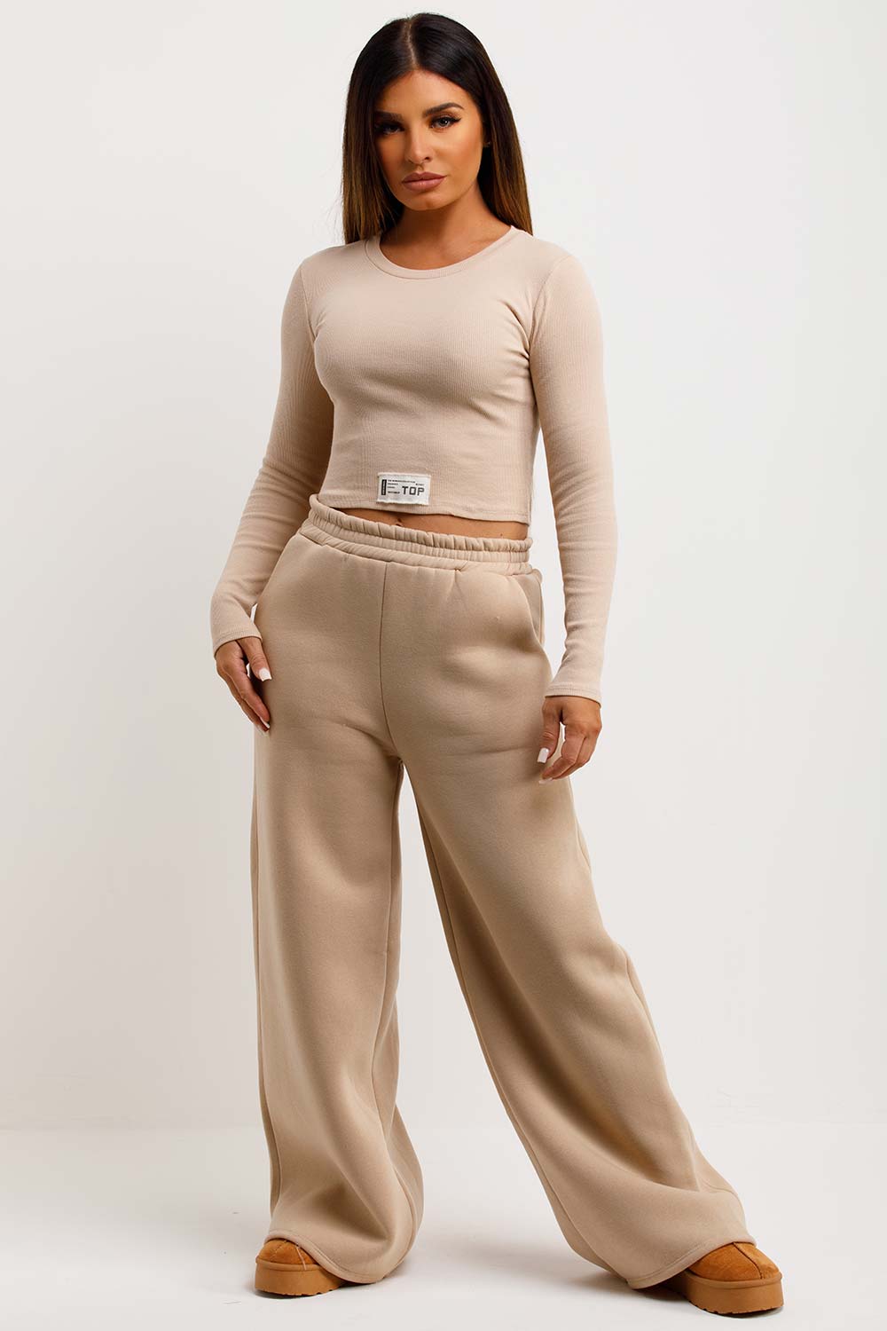 womens wide leg joggers and long sleeve top co ord set