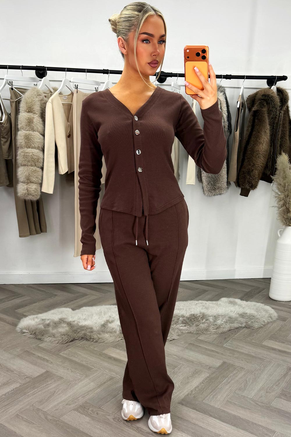 wide leg trouser and long sleeve button top co ord set brown lounge set styledup