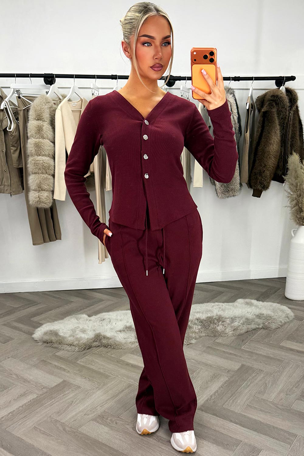 womens button long sleeve top and wide leg trousers co ord set burgundy casual day to night outfit for womens styledup