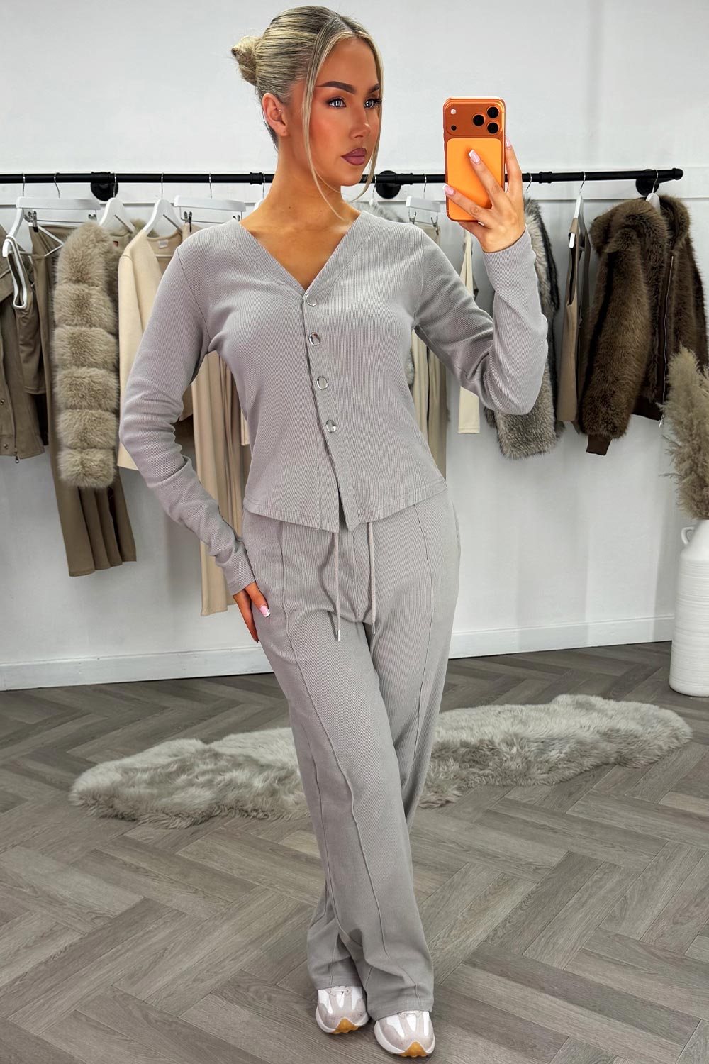 womens button long sleeve top and wide leg trousers co ord set dove grey casual day to night outfit for womens styledup
