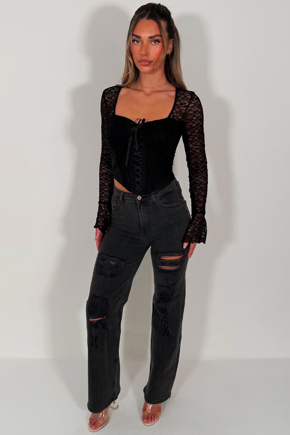 zara womens light wash ripped grey denim jeans wide leg fit sale