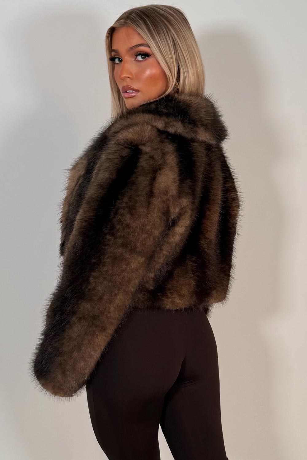 brown faux fur cropped jacket zara uk