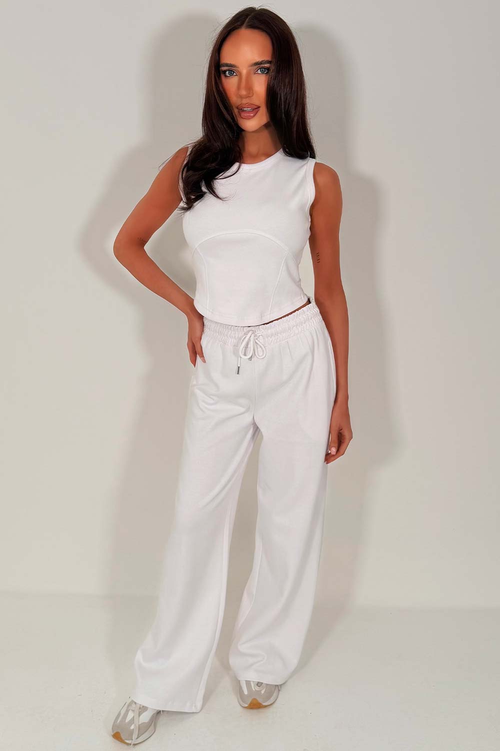 womens summer tracksuit crop top and wide leg trousers two piece co ord set white