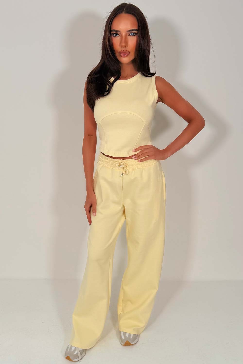 womens summer tracksuit crop top and wide leg trousers two piece co ord set yellow