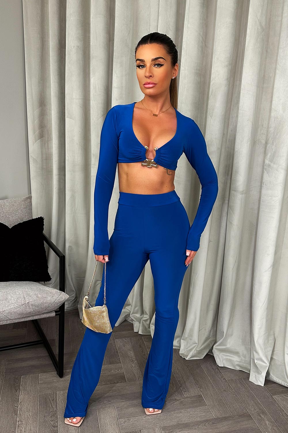 gold buckle long sleeve top and trousers co ord set