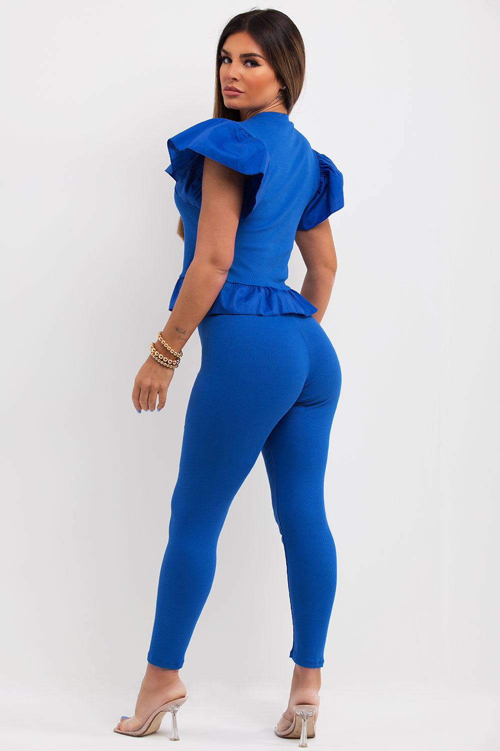 peplum frill hem gold button co ord two piece set