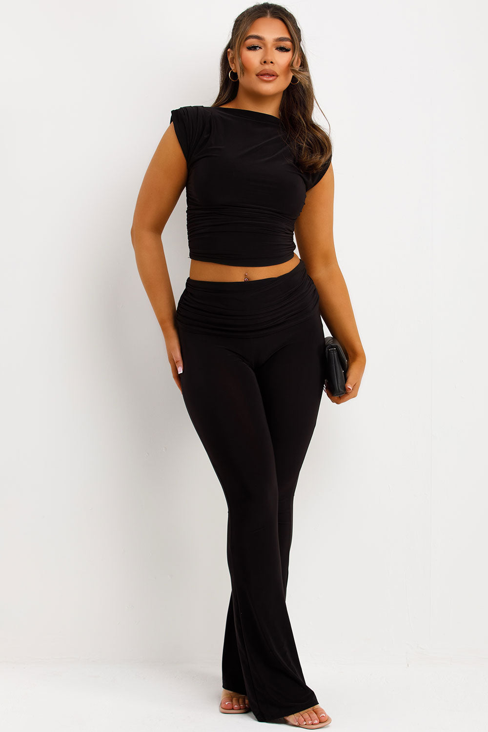 cap sleeve top and fold over skinny flare trousers co ord set