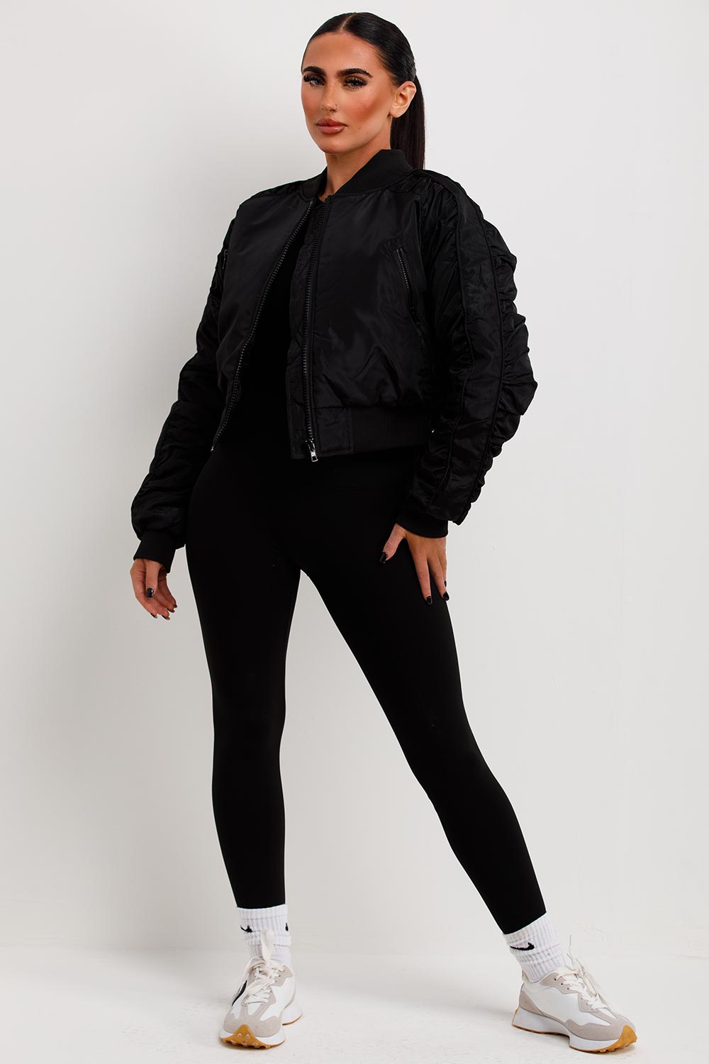 ruched sleeve bomber jacket