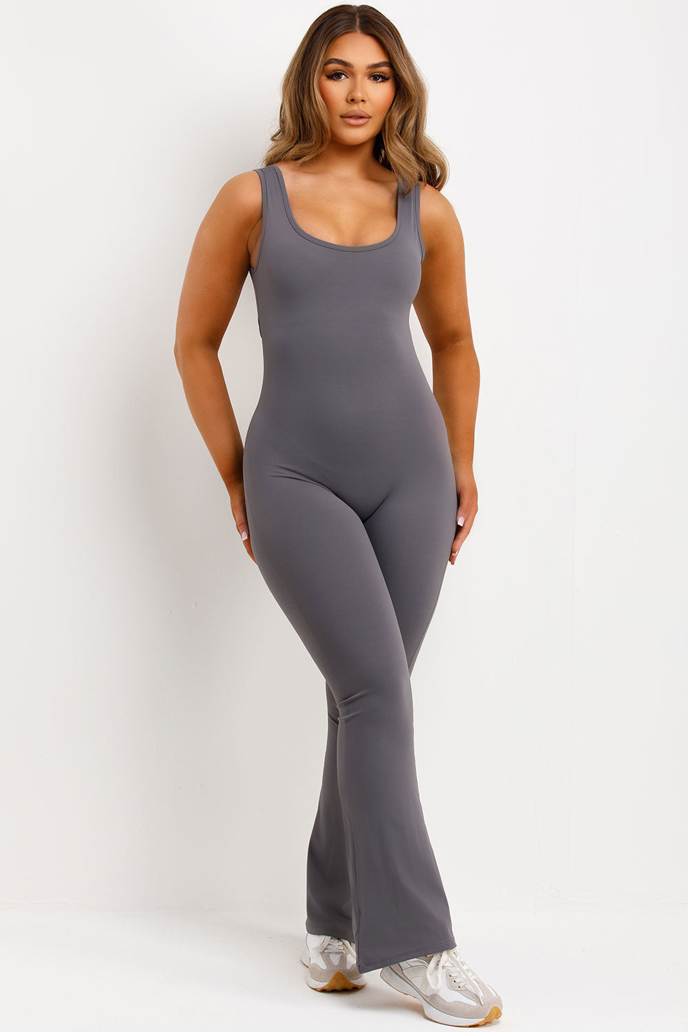 grey flare leg jumpsuit unitard booty lifting