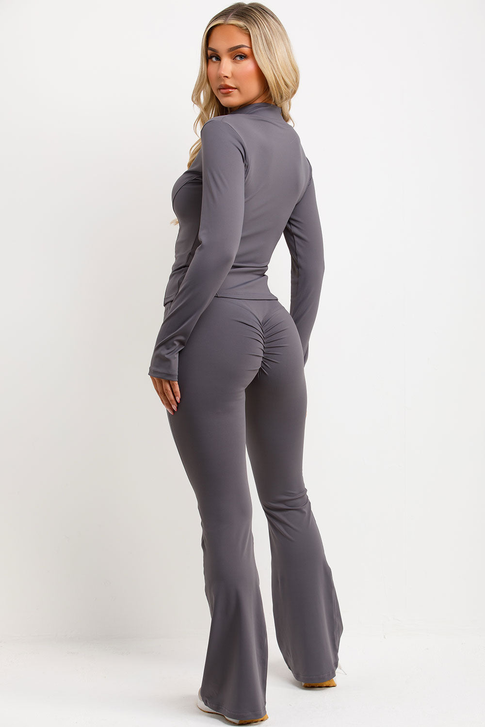 skims zip up sculpt sports jacket and flare trousers with ruched scrunch bum two piece set grey