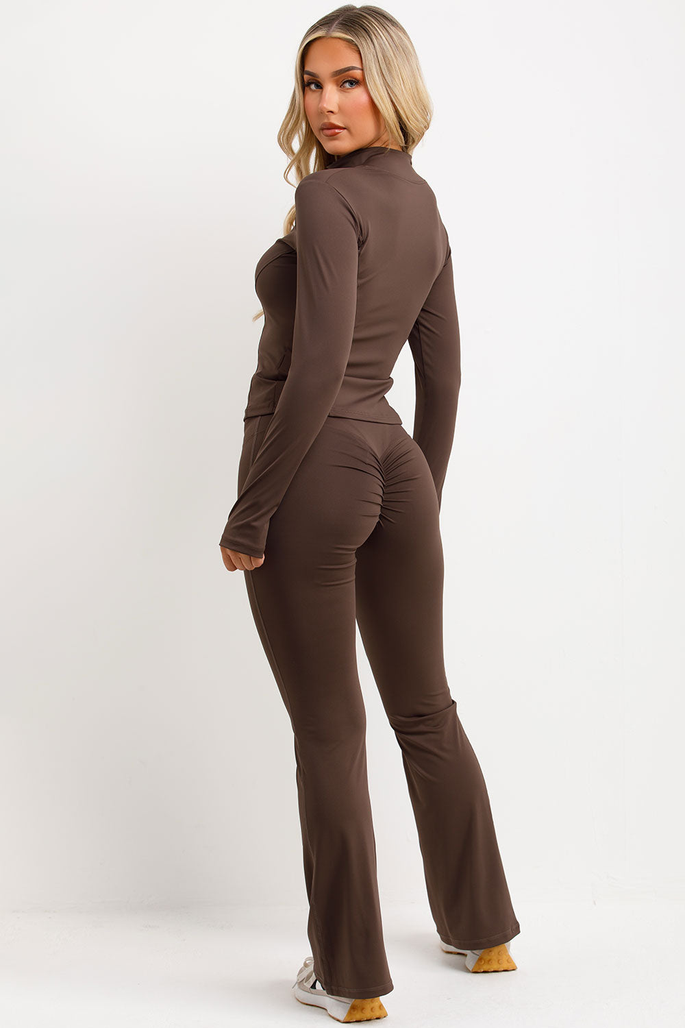 zip up sports jacket and scrunch bum flare trousers two piece set brown