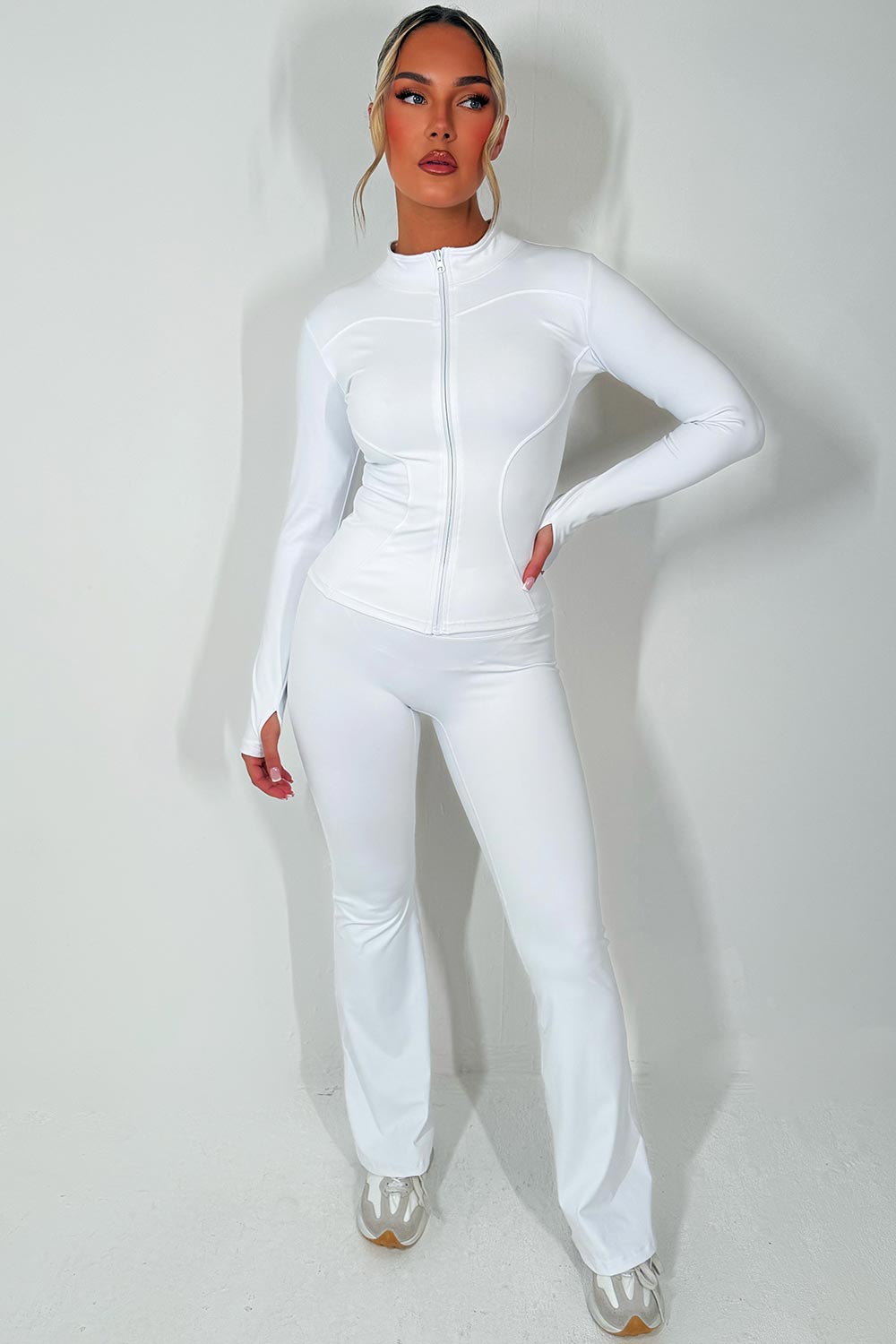 zip up sports jacket and scrunch bum flare trousers two piece set matching outfit