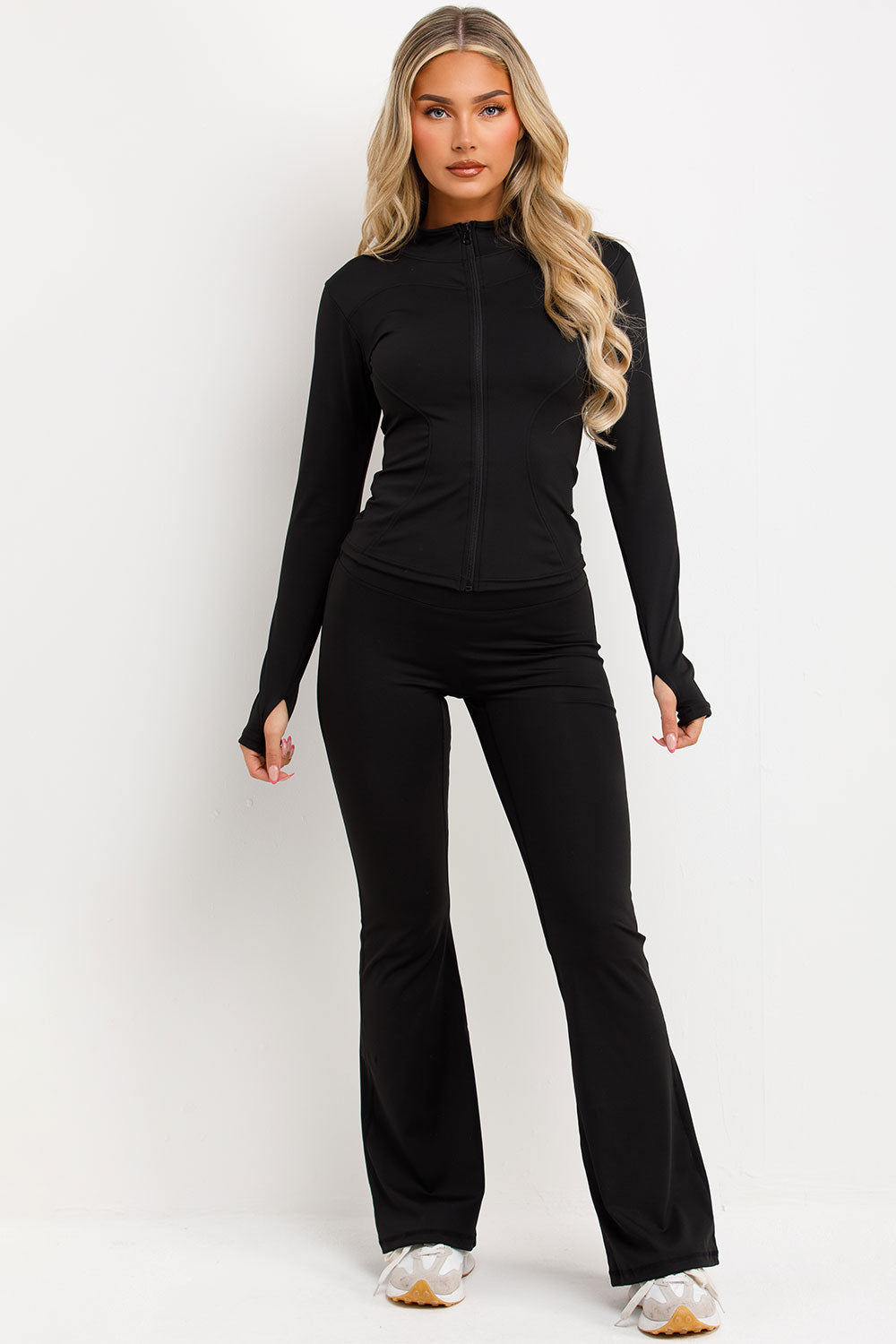 zip up sports jacket and scrunch bum flare trousers two piece set black